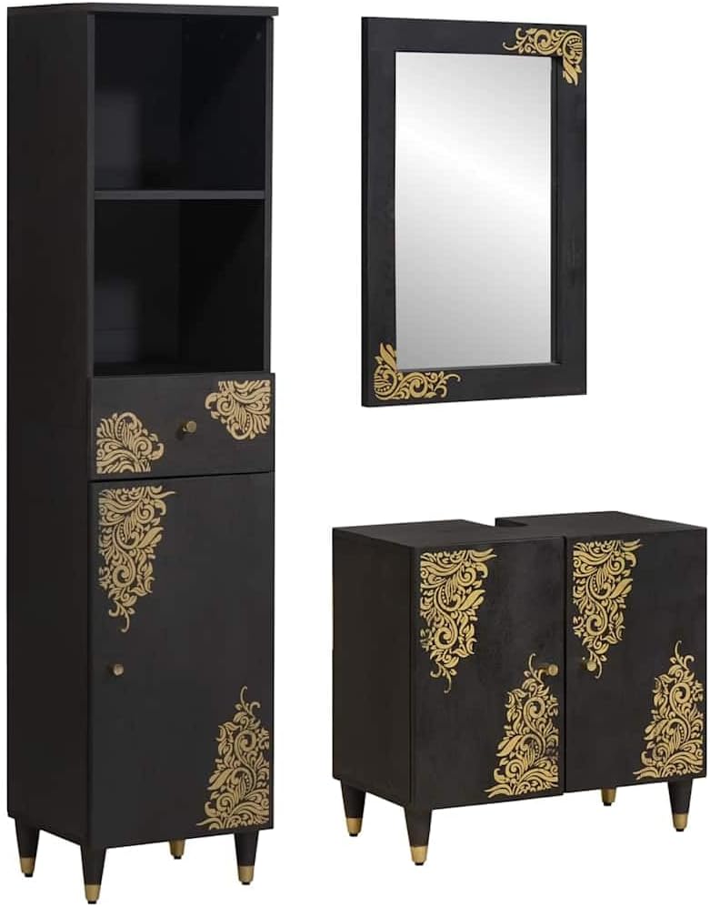 vidaXL Set di mobili da bagno, 62 × 33 × 58 cm, 38 × 33,5 × 160 cm, 3 pezzi, Nero, legno, per bagno