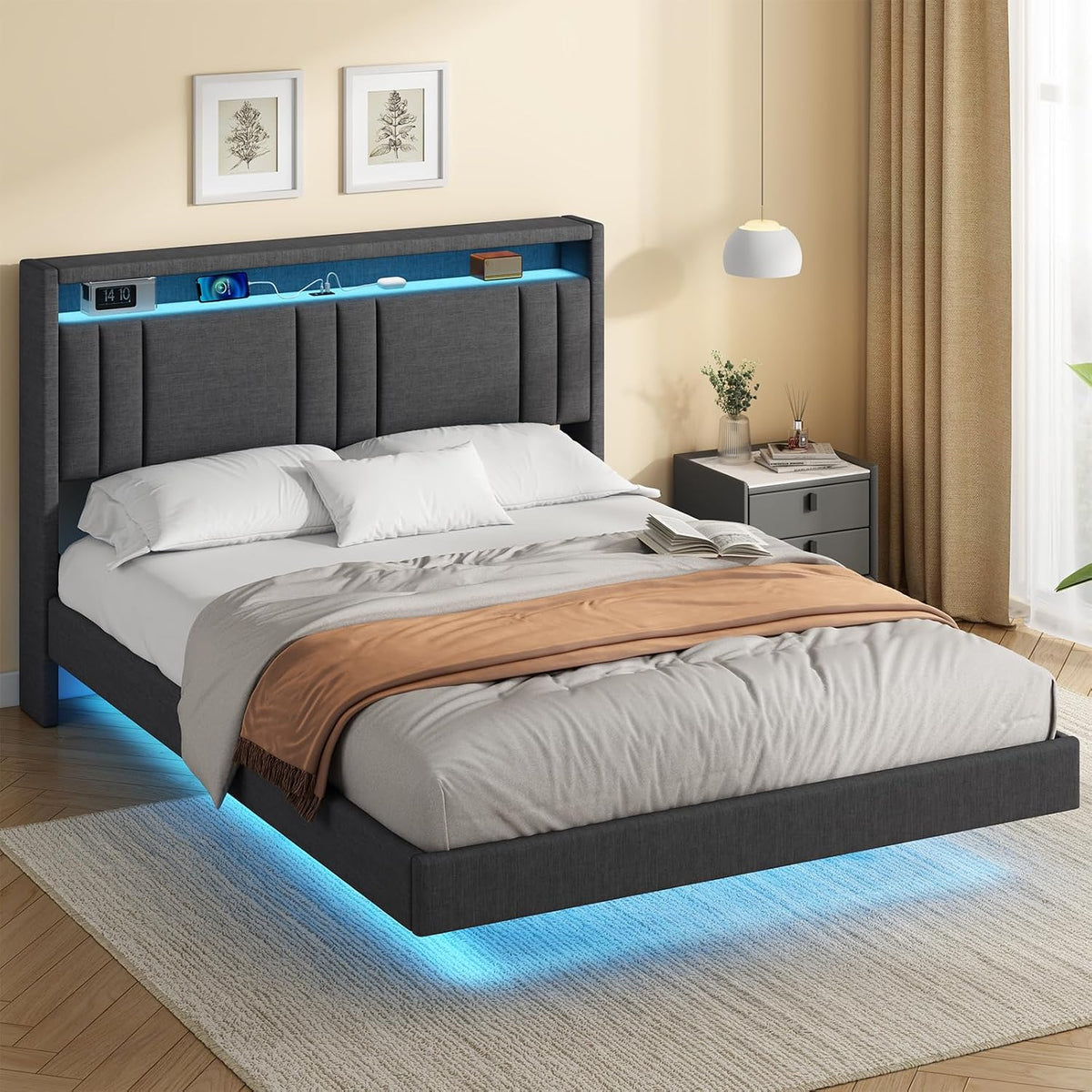 Struttura letto KIMENICH, con rete a doghe, con porta USB, 140 × 200 cm, Grigio, lino, per camera da letto
