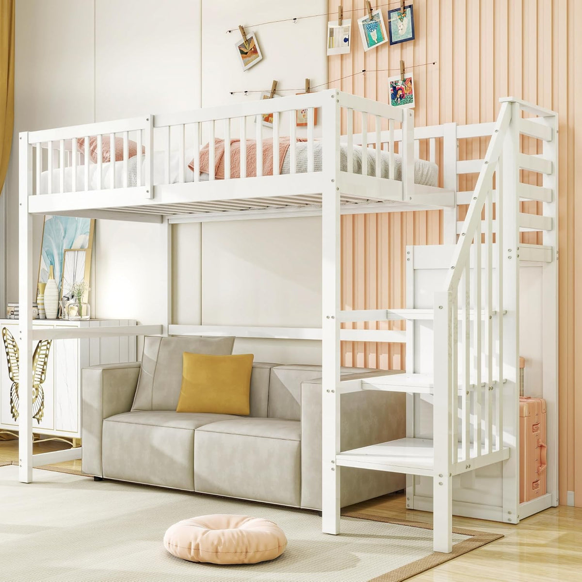 Letto a soppalco Azkoeesy, 90 × 200 cm, Bianco, singolo, con contenitore, con rete a doghe, metallo, per camera da letto