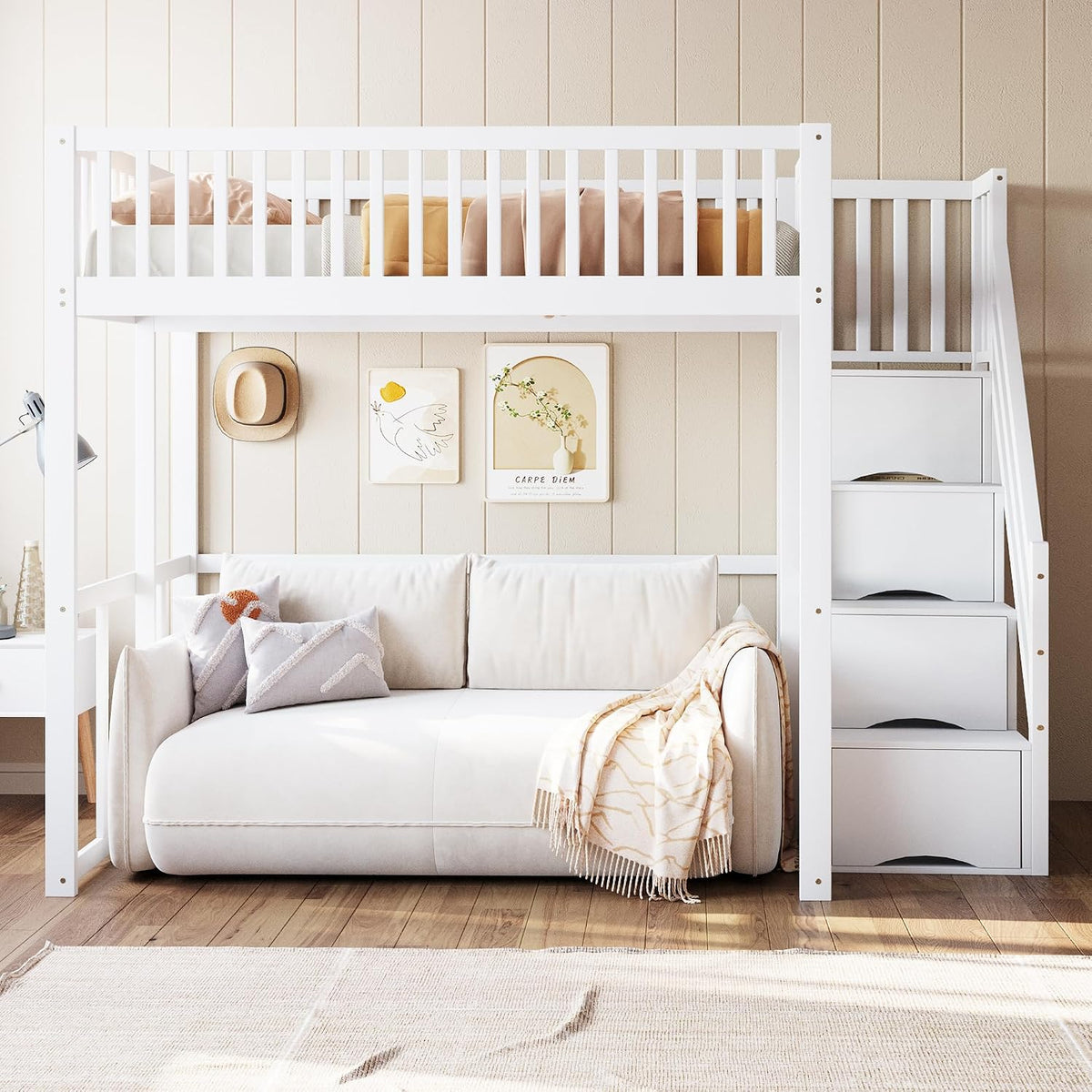 Letto a soppalco Soweiz, 140 × 200 cm, Bianco, legno, per camera da letto