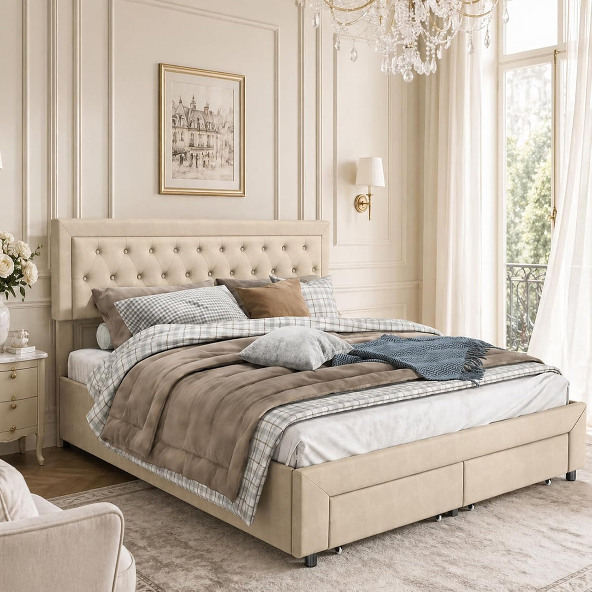 Letto JiaOyu, 160 × 200 cm, Beige, matrimoniale, con rete a doghe, imbottito, velluto, con testiera, materasso non incluso, per camera da letto