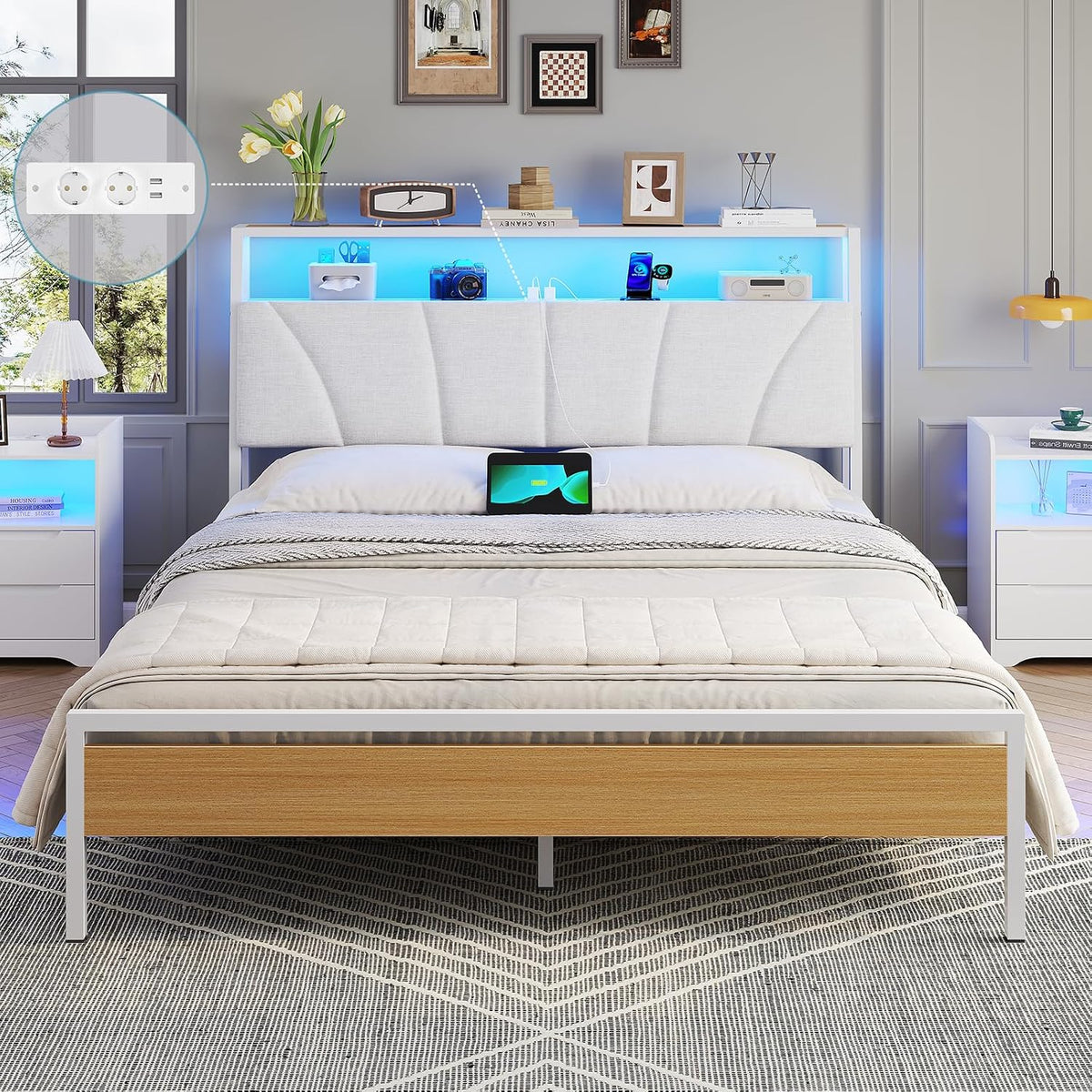 Struttura letto Brinlawb, CA 2, 140 × 190 cm, Bianco, matrimoniale, con illuminazione LED, con porta USB, imbottito, con testiera, con pediera