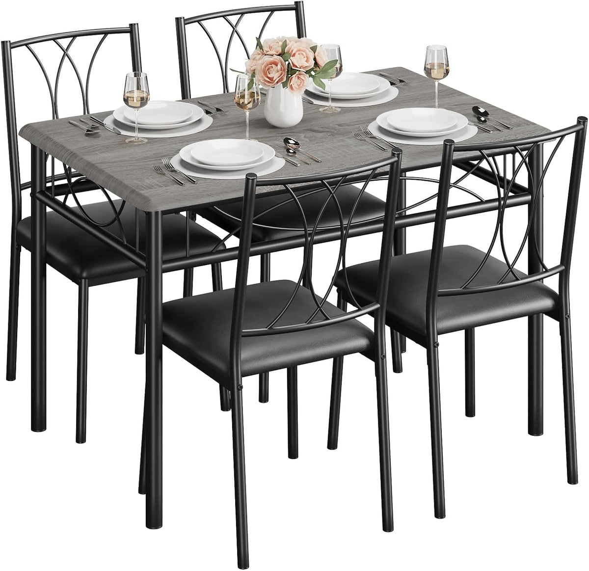 Set da pranzo Crevyteg, set di 5 pezzi, 4 sedie, legno, metallo, per sala da pranzo e cucina