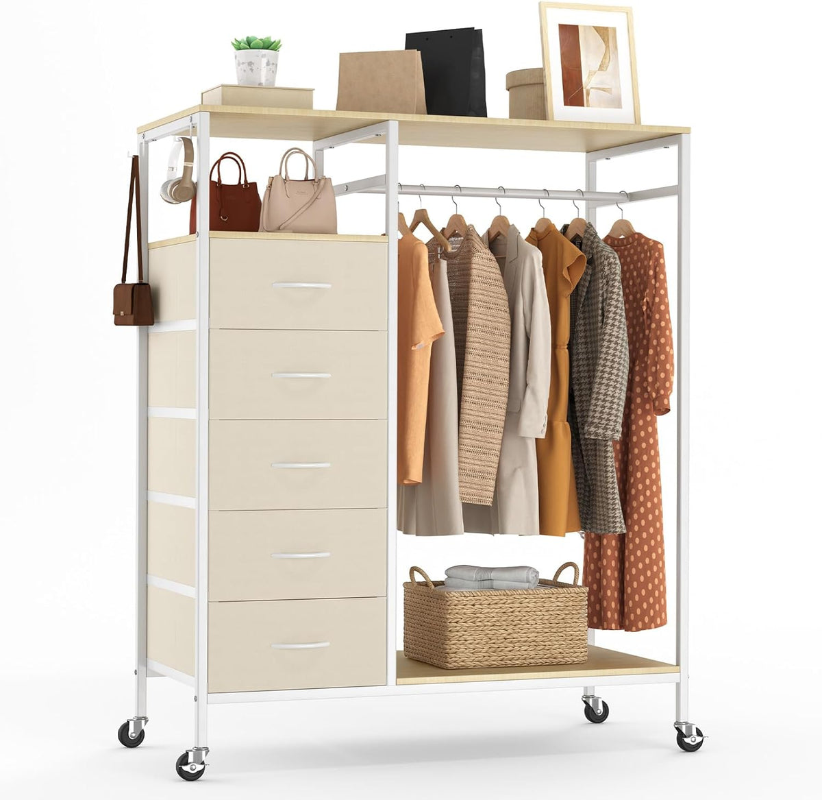 Armadio guardaroba HOKEEPER, con ruote, 101 × 33,5 × 110,6 cm, 5 cassetti, Beige, acciaio, per camera da letto