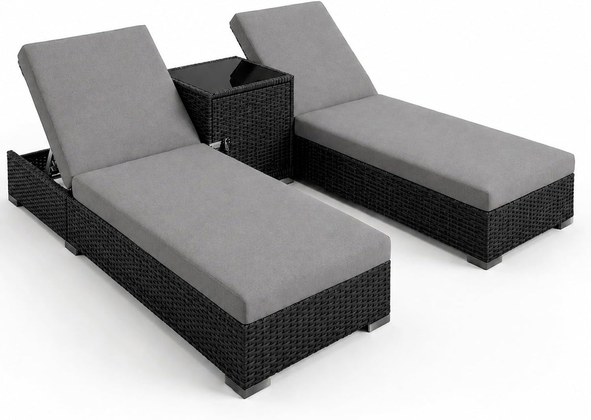 Set da pranzo da giardino Arreditaly, 184 × 60 × 21 cm, Nero/Grigio, regolabile, rattan, con cuscini, con tavolino, per giardino e terrazzo