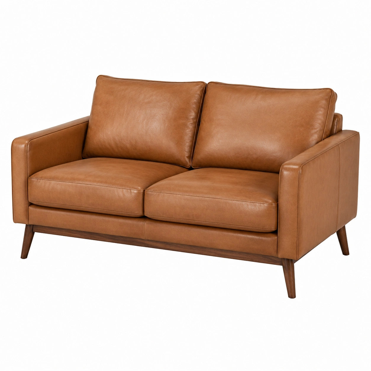 Divano Due Posti in Pelle Marrone con Gambe in Legno
