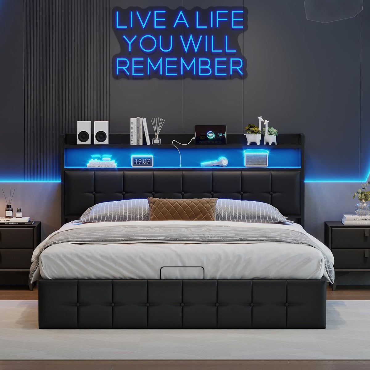 BLSYHDH Struttura letto, +PU-1, Nero, pelle, con contenitore, con porta USB, imbottito, misura 140 × 200, per camera da letto
