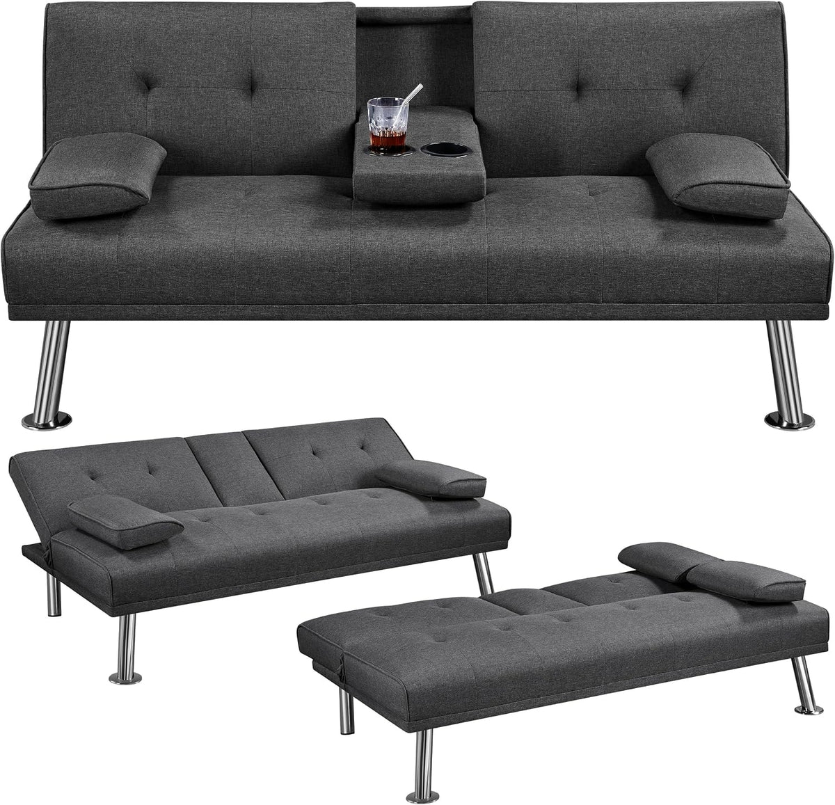 Divano letto Soberine, 167 × 94 cm, 2 posti, trasformabile, imbottito, legno, per soggiorno