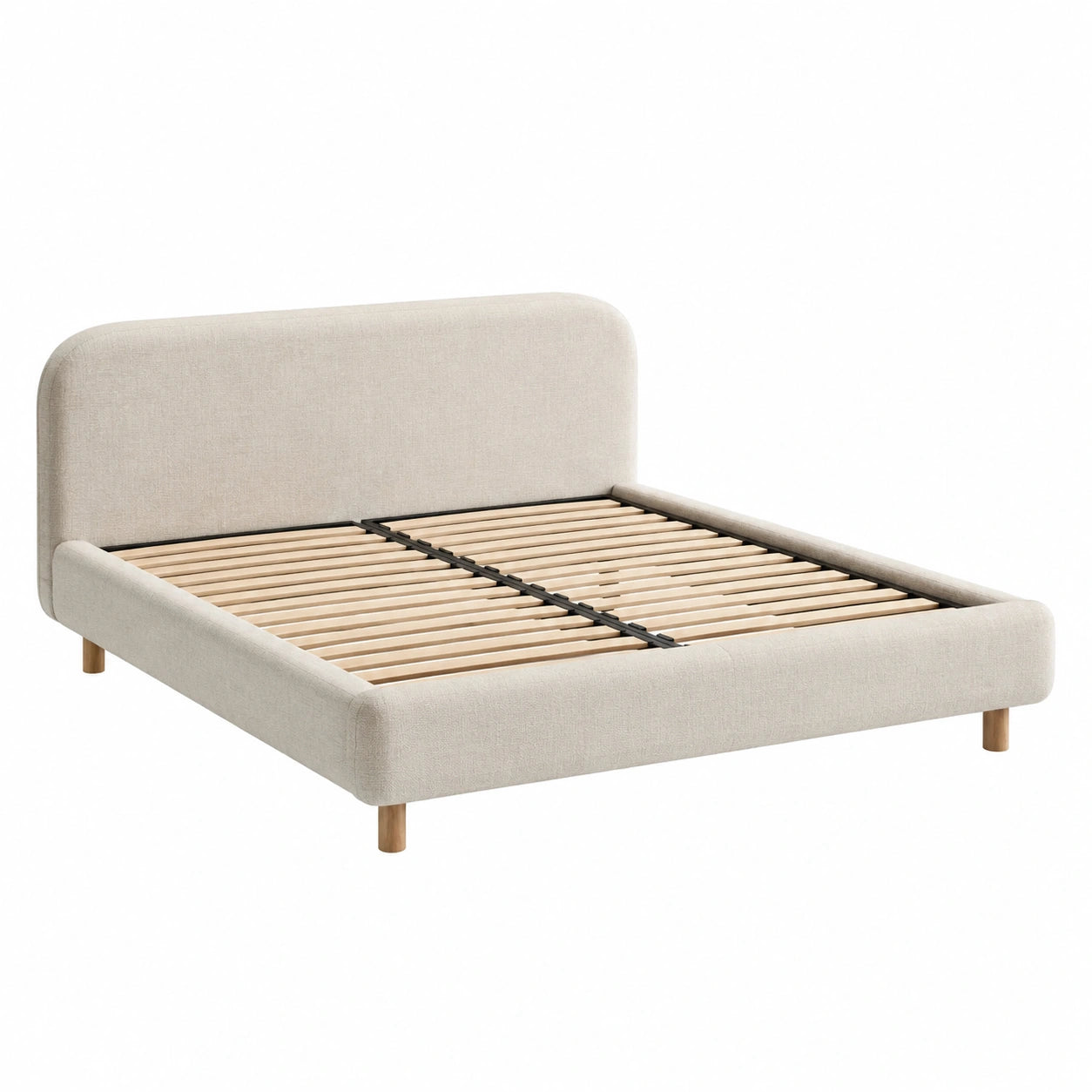 Letto matrimoniale in tessuto beige con struttura in legno di pino 160x200 cm