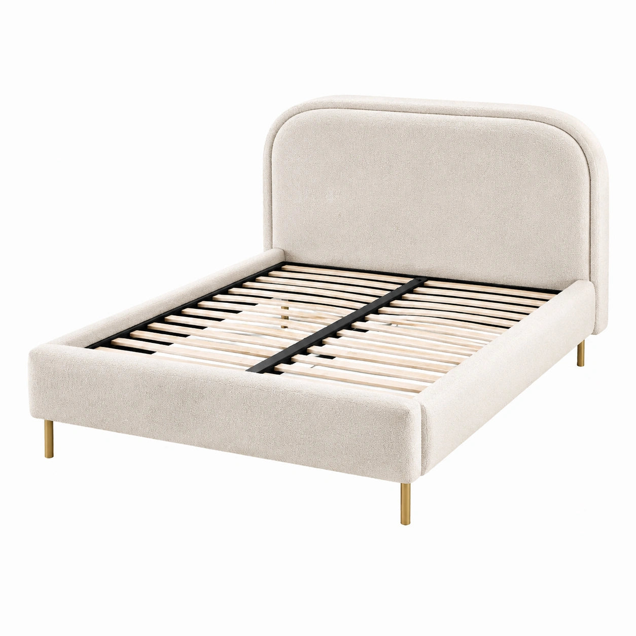 Letto matrimoniale in tessuto beige con gambe in metallo dorato