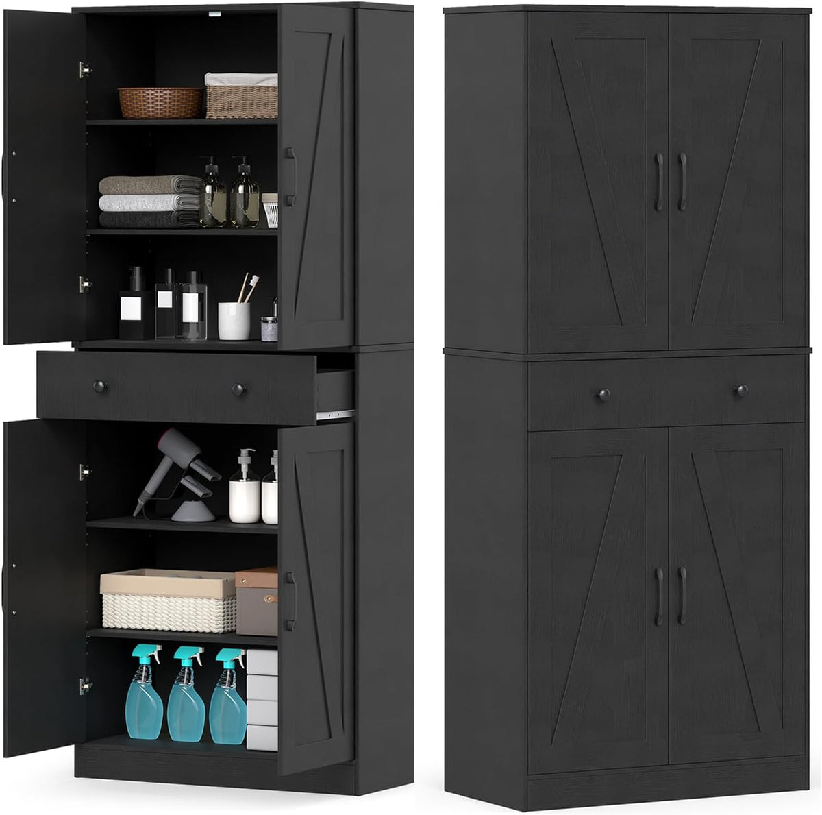 Credenza KOMFOTTEU, regolabile, 77 × 39 × 183cm, 3 ripiani, Nero, legno, per soggiorno e sala da pranzo
