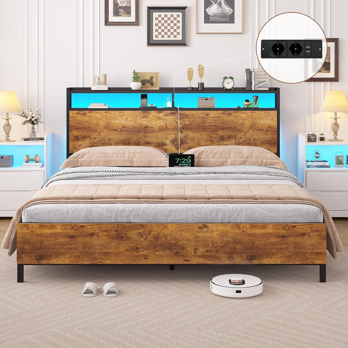 Brinlawb Struttura letto, matrimoniale, 160 × 200 cm, Marrone, metallo, con illuminazione LED, con porta USB, per camera da letto