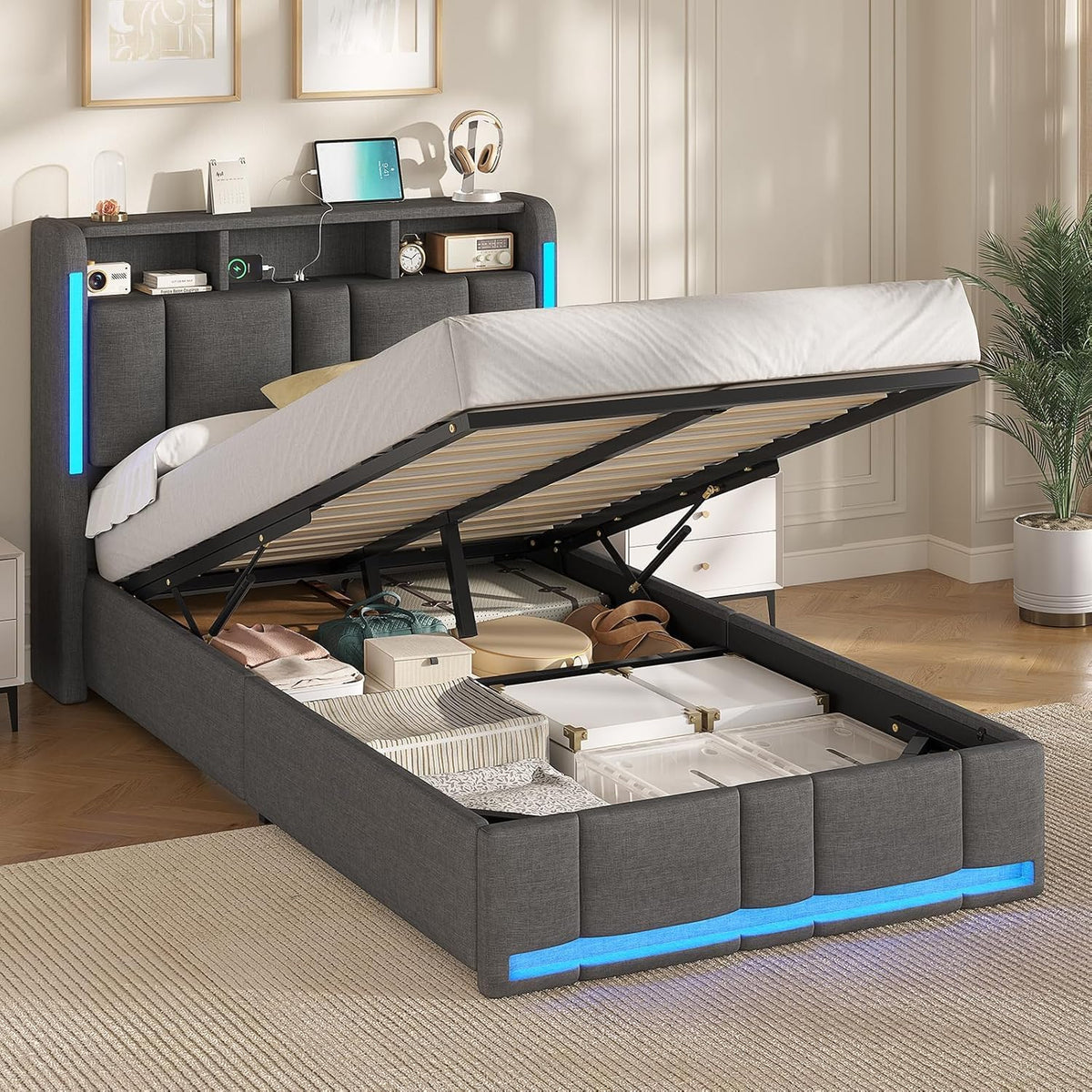 AOGLLATI Letto, singolo, 90 × 200 cm, Grigio scuro, con contenitore, con porta USB, imbottito, con testiera, per camera da letto