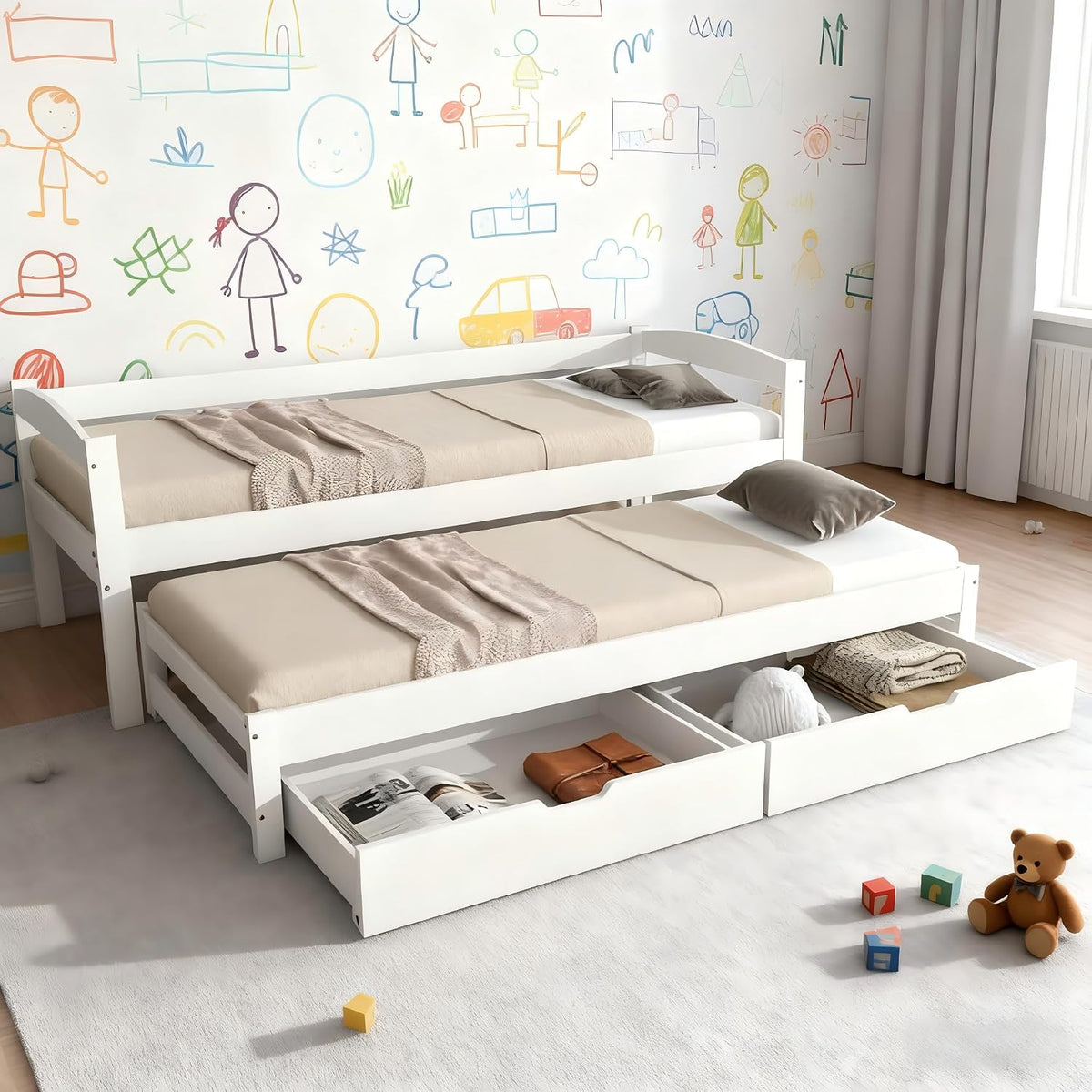 Struttura letto Soweiz, 2 cassetti, singolo, matrimoniale, Bianco, 200 × 90 cm, 190 × 90 cm, legno, MDF, con ruote, per camera da letto