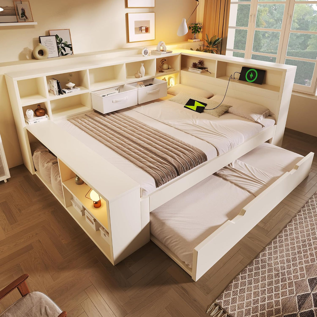 Letto Kebnor, 140 × 200 cm, Bianco, singolo, con porta USB, legno, materasso non incluso, per camera da letto