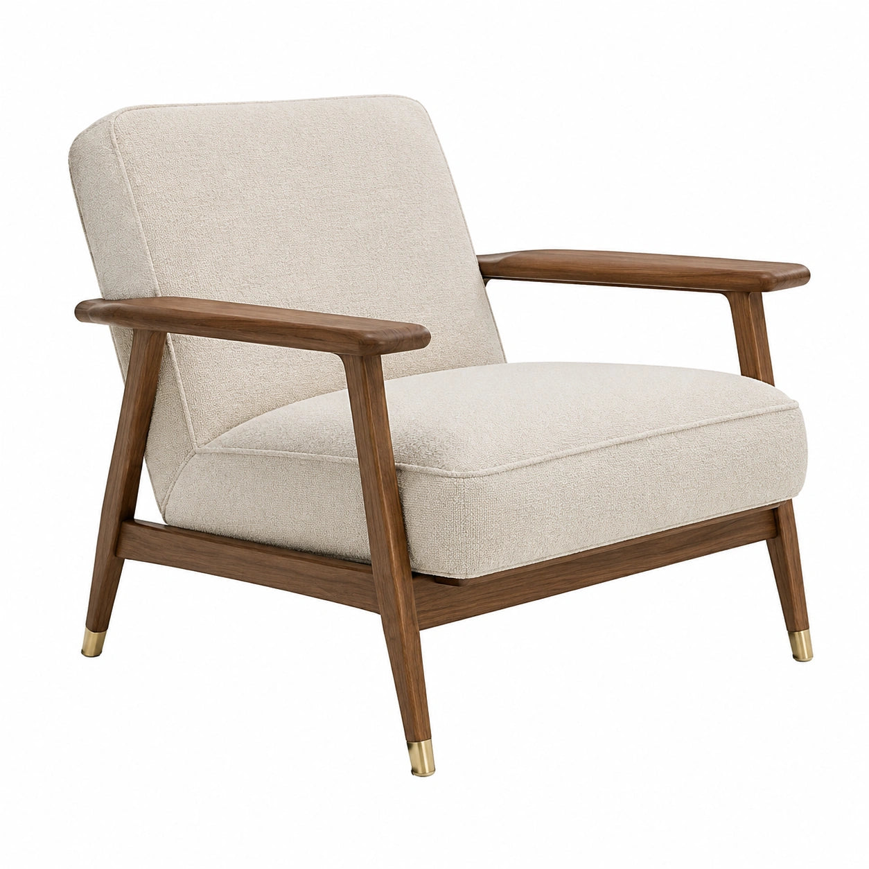 Poltrona in tessuto beige con struttura in legno e dettagli in ottone