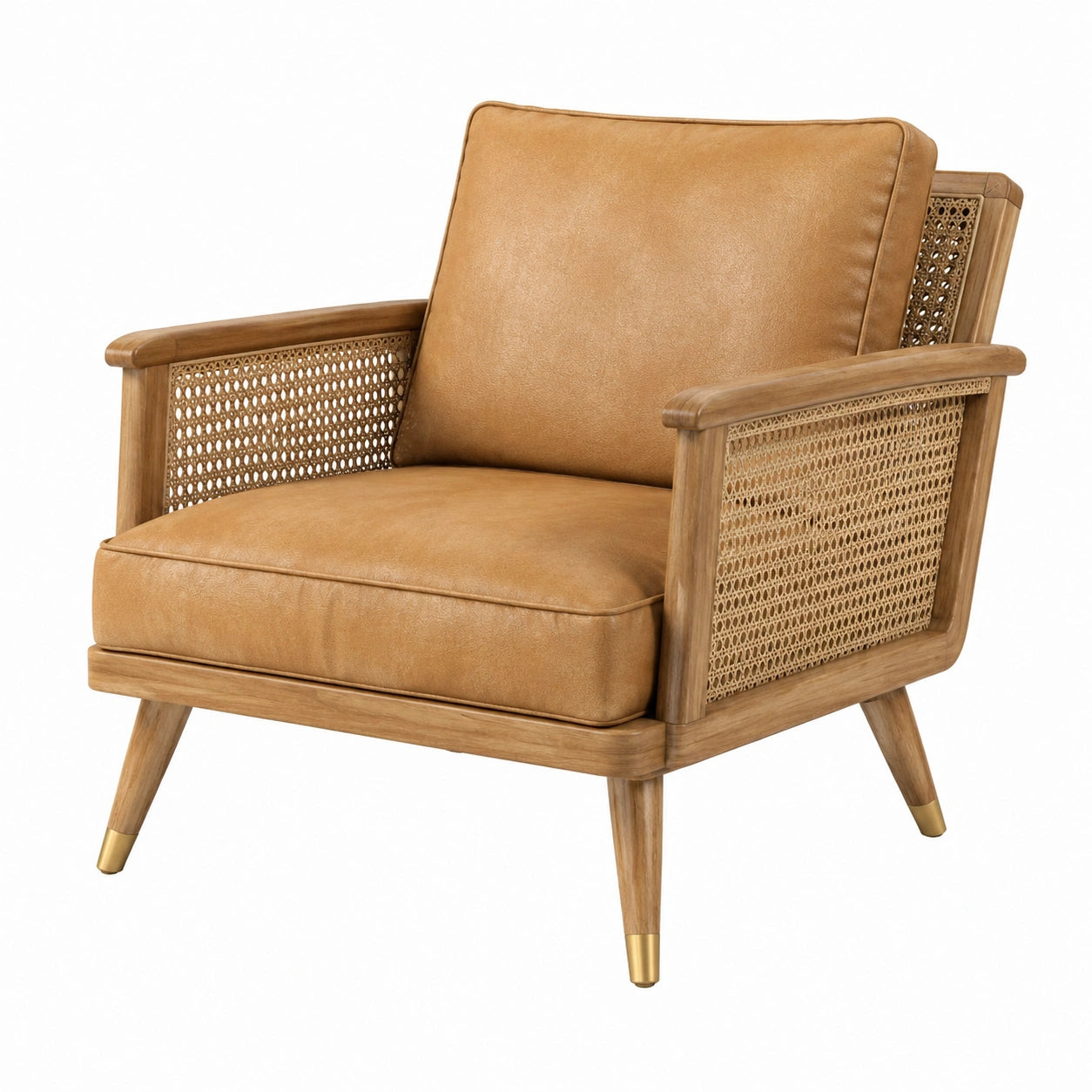 Poltrona in Pelle PU con Struttura in Rovere e Dettagli in Rattan, Colore Marrone