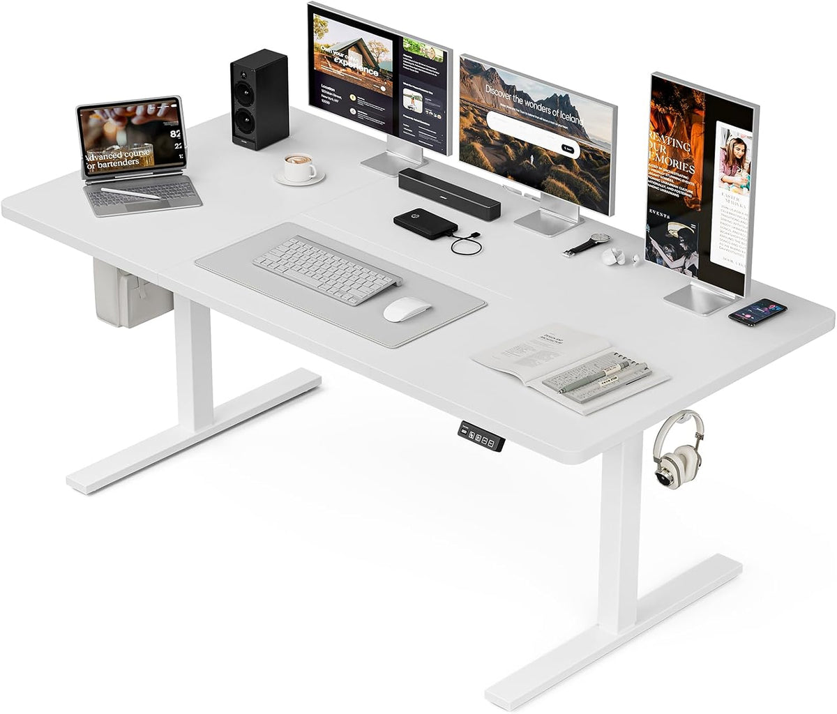 Scrivania Grandder, elettrico, regolabile, 160 × 80 cm, Bianco, acciaio, ergonomica, per ufficio
