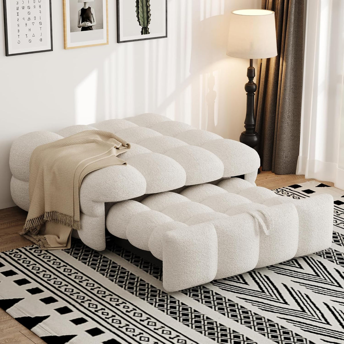 Lexiou Divano letto, Puffy, singolo, 2 in 1, Beige, tessuto, allungabile, con poggiapiedi, imbottito, per soggiorno