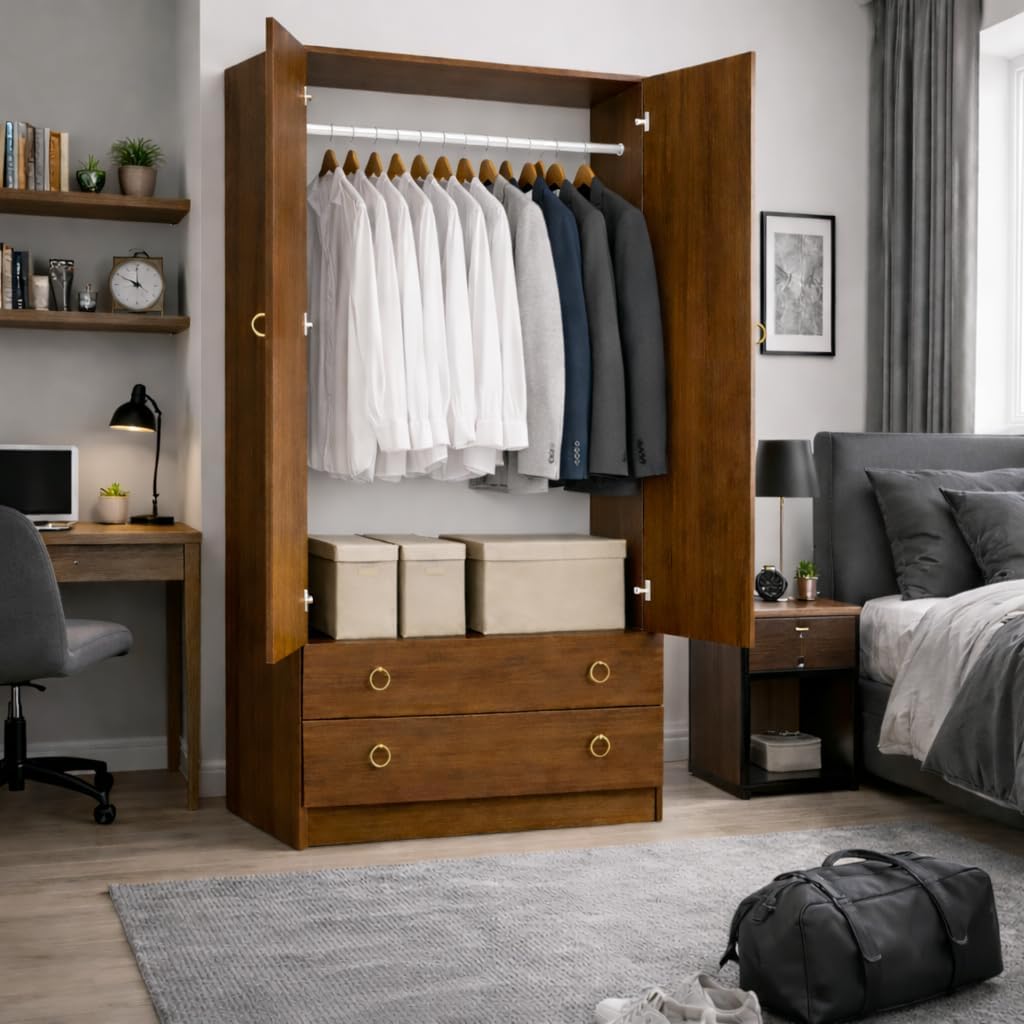 Armadio guardaroba Linea Azzurra, 2 ante, 2 cassetti, Blu, 180 × 90 × 60 cm, per camera da letto