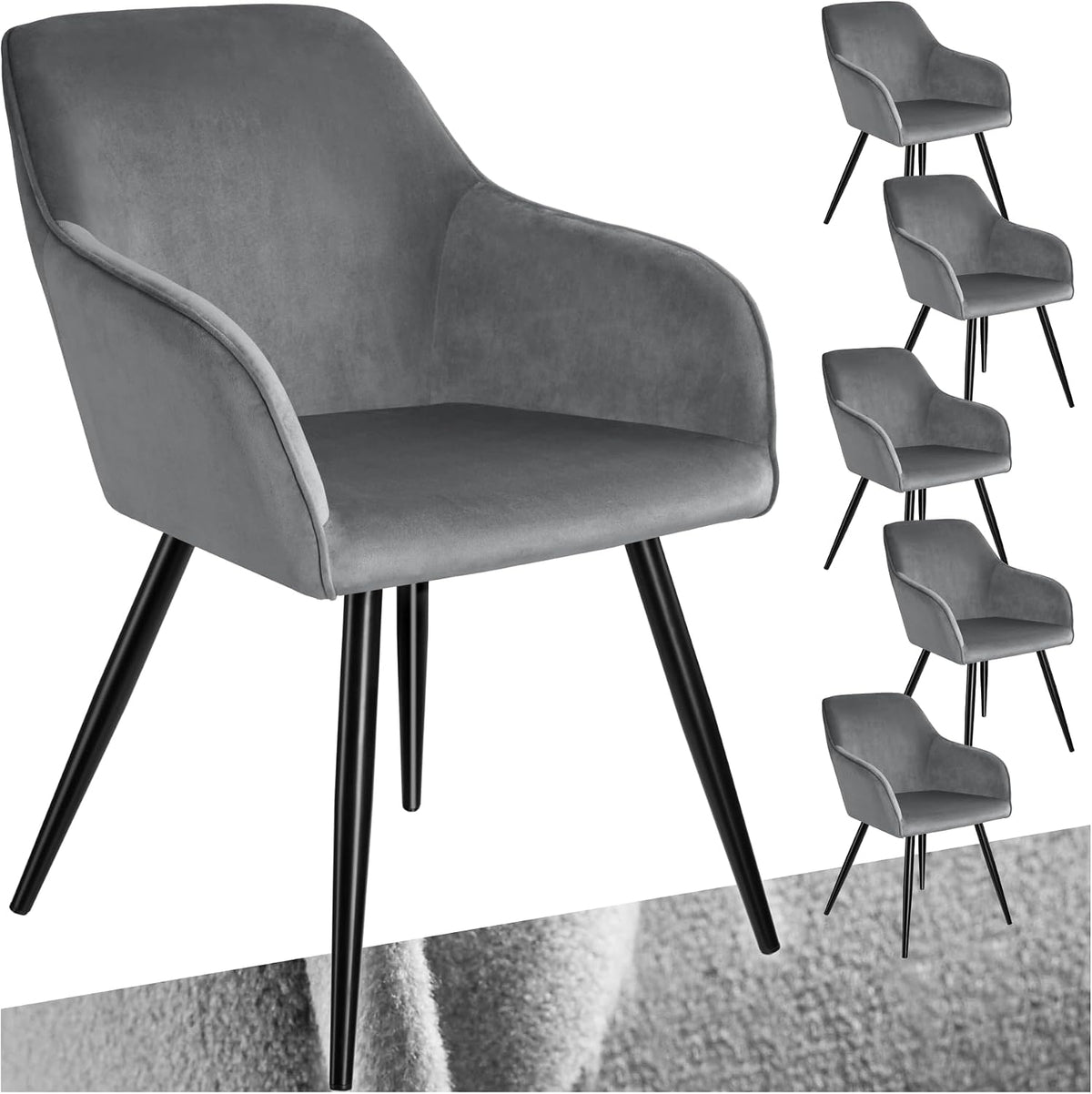 tectake Set di sedie da pranzo, 6 sedie, Grigio/Nero, velluto, ergonomico, per sala da pranzo e cucina