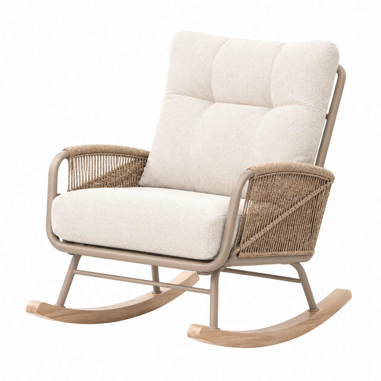 Sedia a dondolo in metallo, rattan sintetico e tessuto bouclé beige