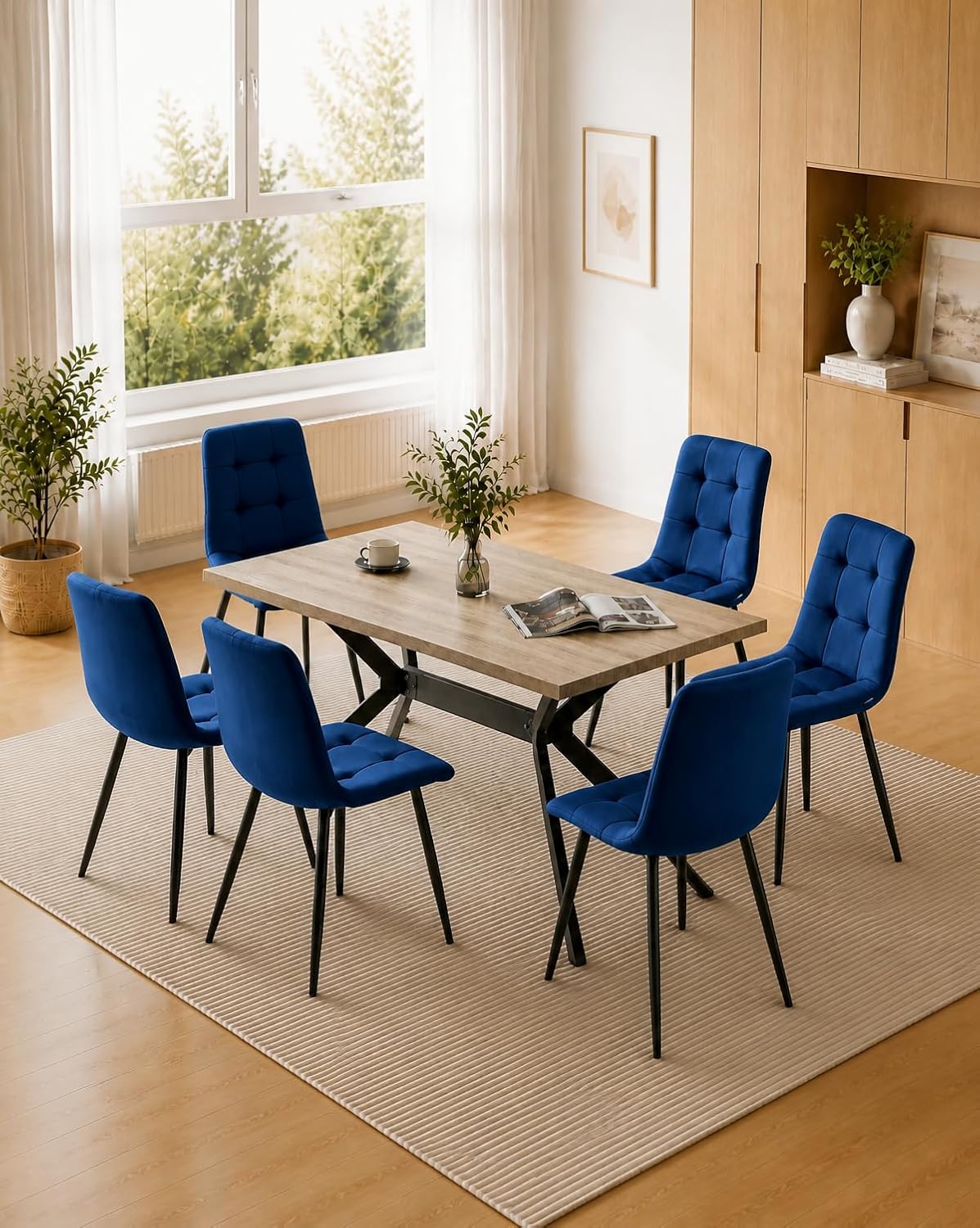 LEWE Set da pranzo, 6 sedie, 140 × 85 × 76 cm, Blu scuro, legno, velluto, per sala da pranzo e cucina