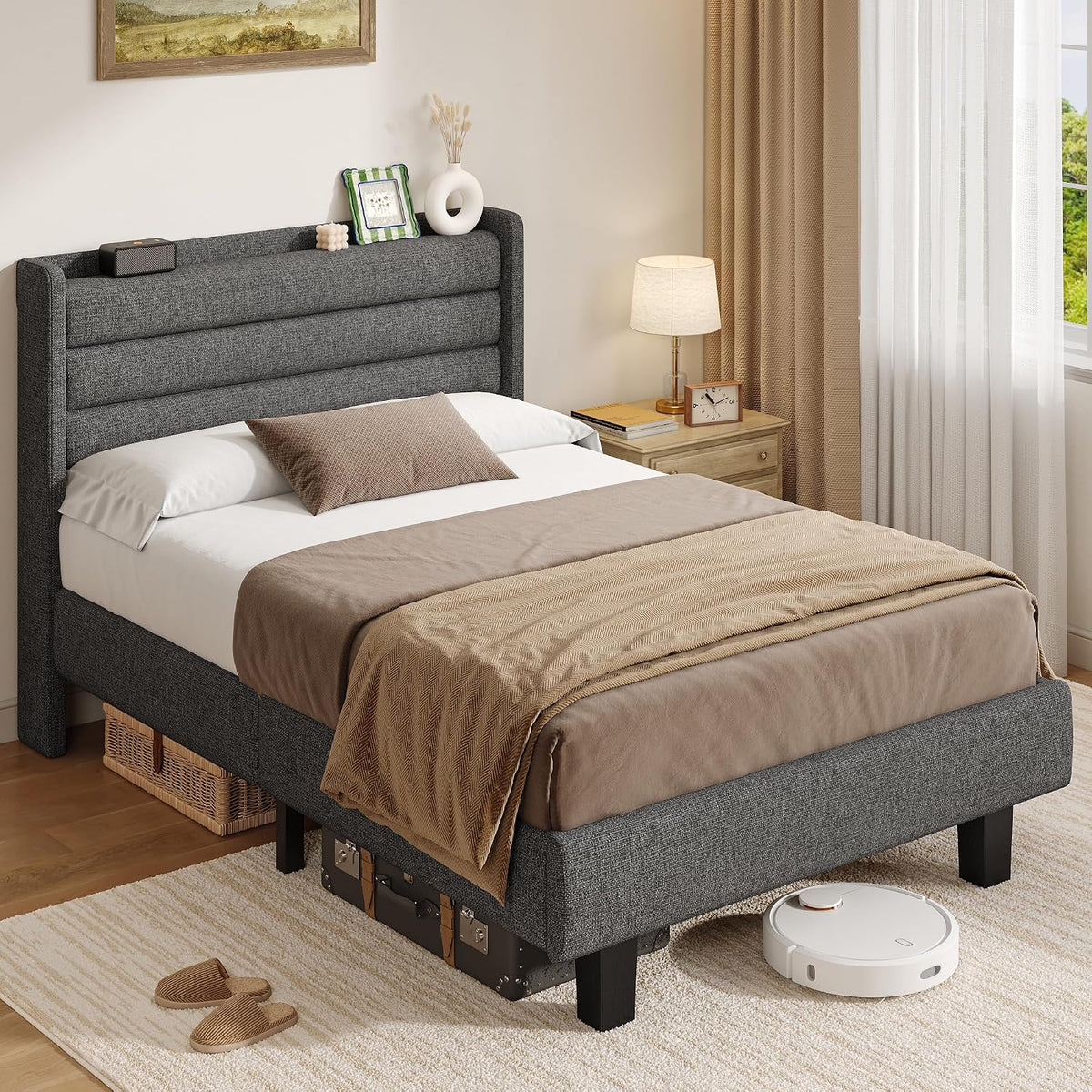iPormis Letto singolo imbottito 90 × 200 cm, Grigio scuro, testiera effetto lino, telaio in metallo, senza materasso
