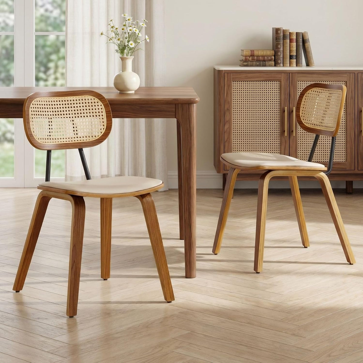 Set di sedie da pranzo chairus, 2 sedie, Beige, rattan, similpelle, per sala da pranzo e cucina