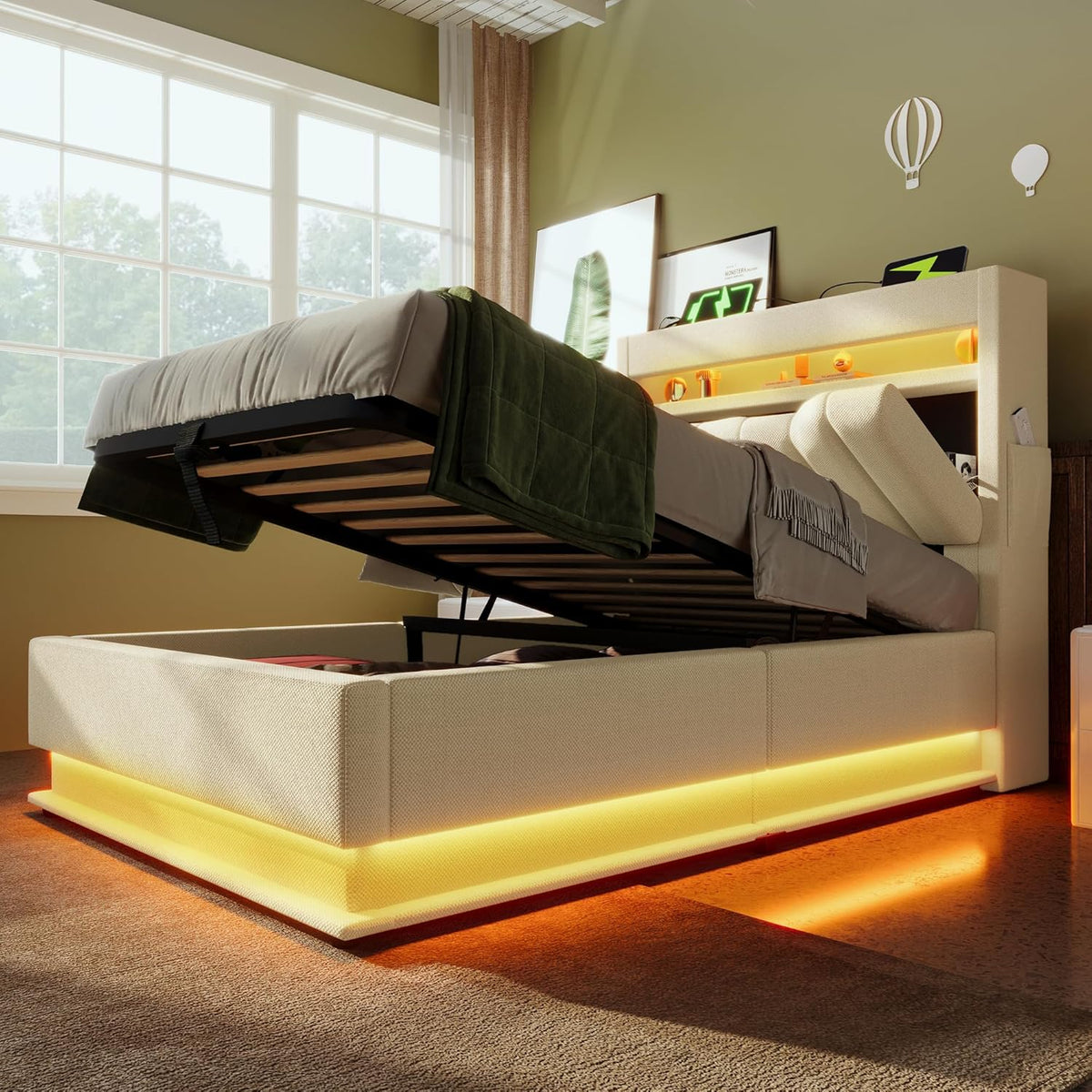 Letto KUAKE, singolo, Beige, 90 × 200 cm, lino, tessuto, con rete a doghe, con porta USB, imbottito, per camera da letto