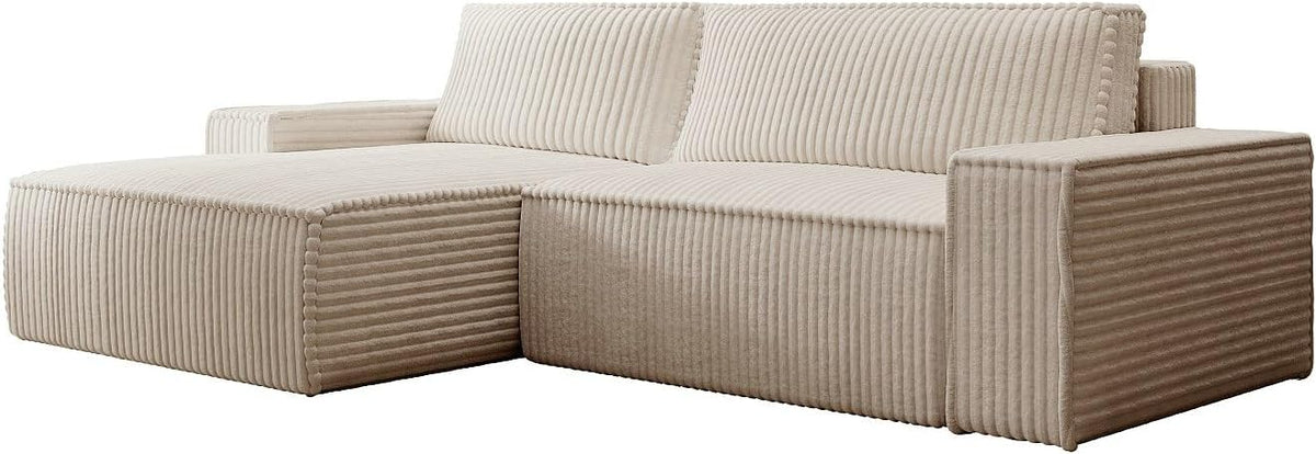 Vente-unique Amelia Divano letto angolare sinistro, Beige, 267 × 167 × 85 cm, velluto a coste, con contenitore