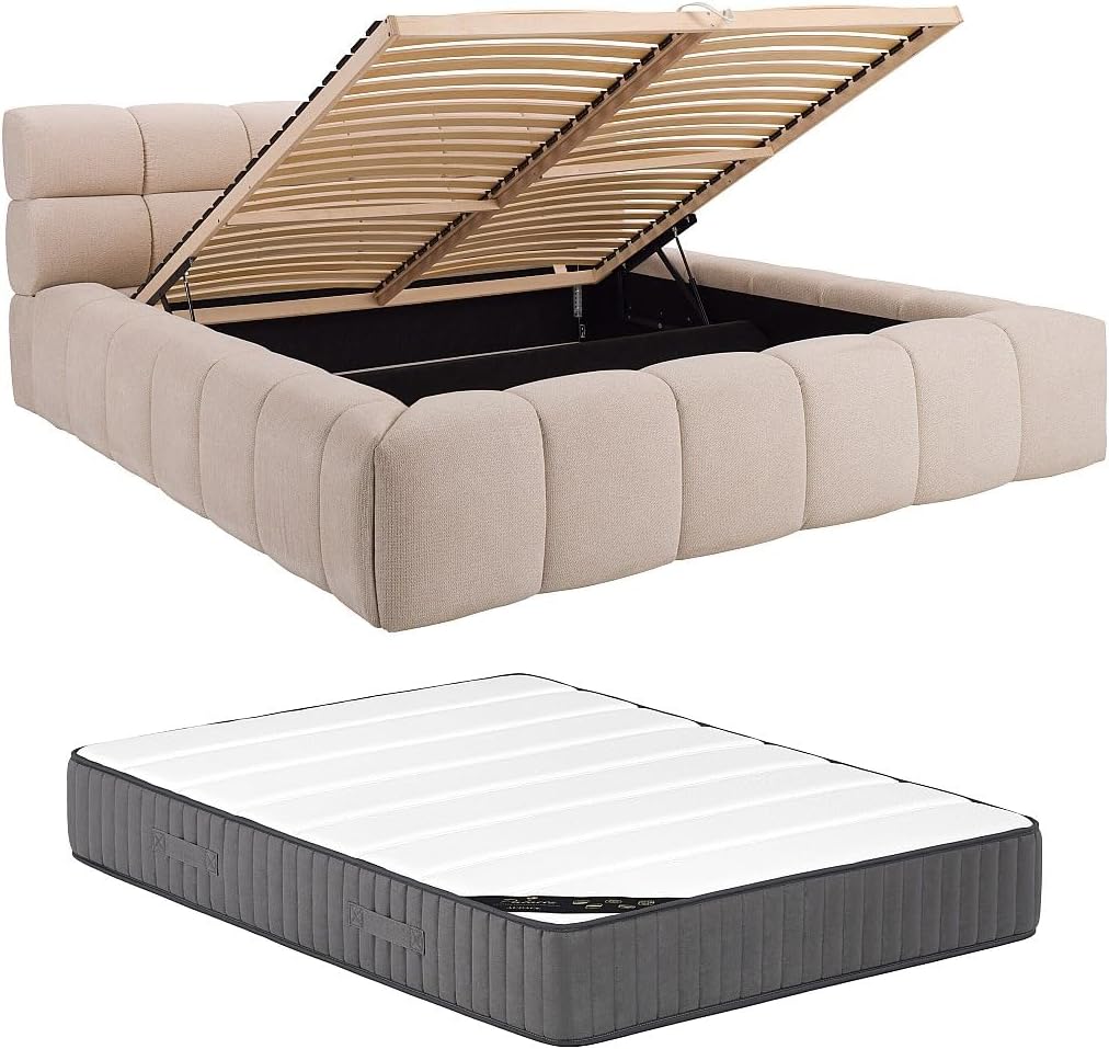 Vente-unique Letto contenitore, 180 × 200 cm, Beige, tessuto, con contenitore, materasso incluso, per camera da letto
