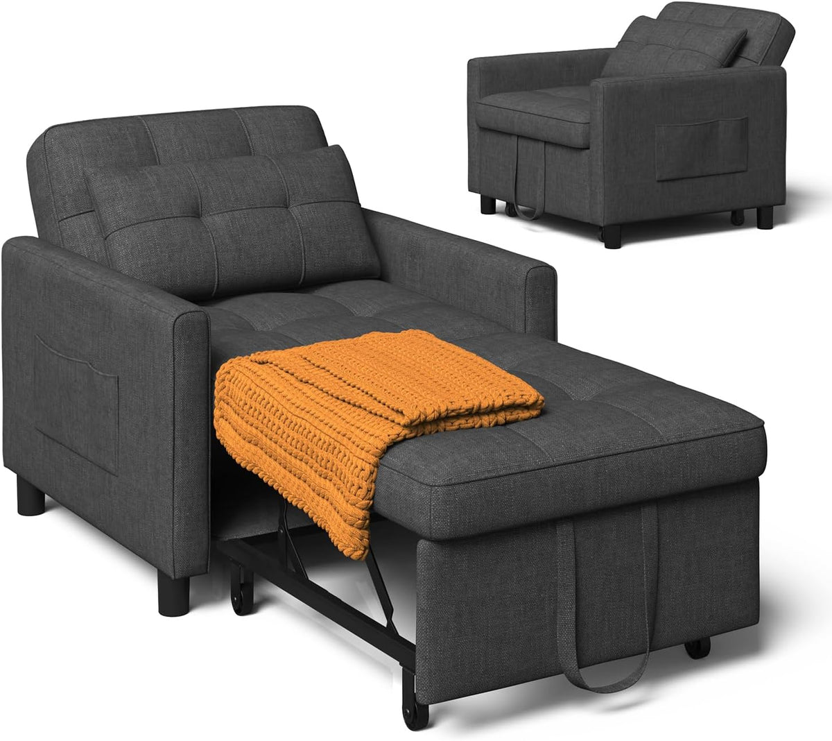 Divano letto Xbro, singolo, 3 in 1, Grigio scuro, acciaio, regolabile, pieghevole, con ruote, per soggiorno