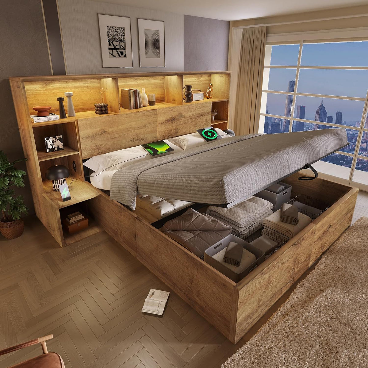 Letto Lubvtti, con contenitore, con rete a doghe, con illuminazione LED, con porta USB, 180 × 200 cm, matrimoniale, Rovere, legno