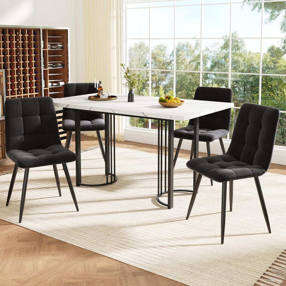 REXO Set da pranzo, 4 sedie, Nero, metallo, velluto, allungabile, per sala da pranzo e cucina