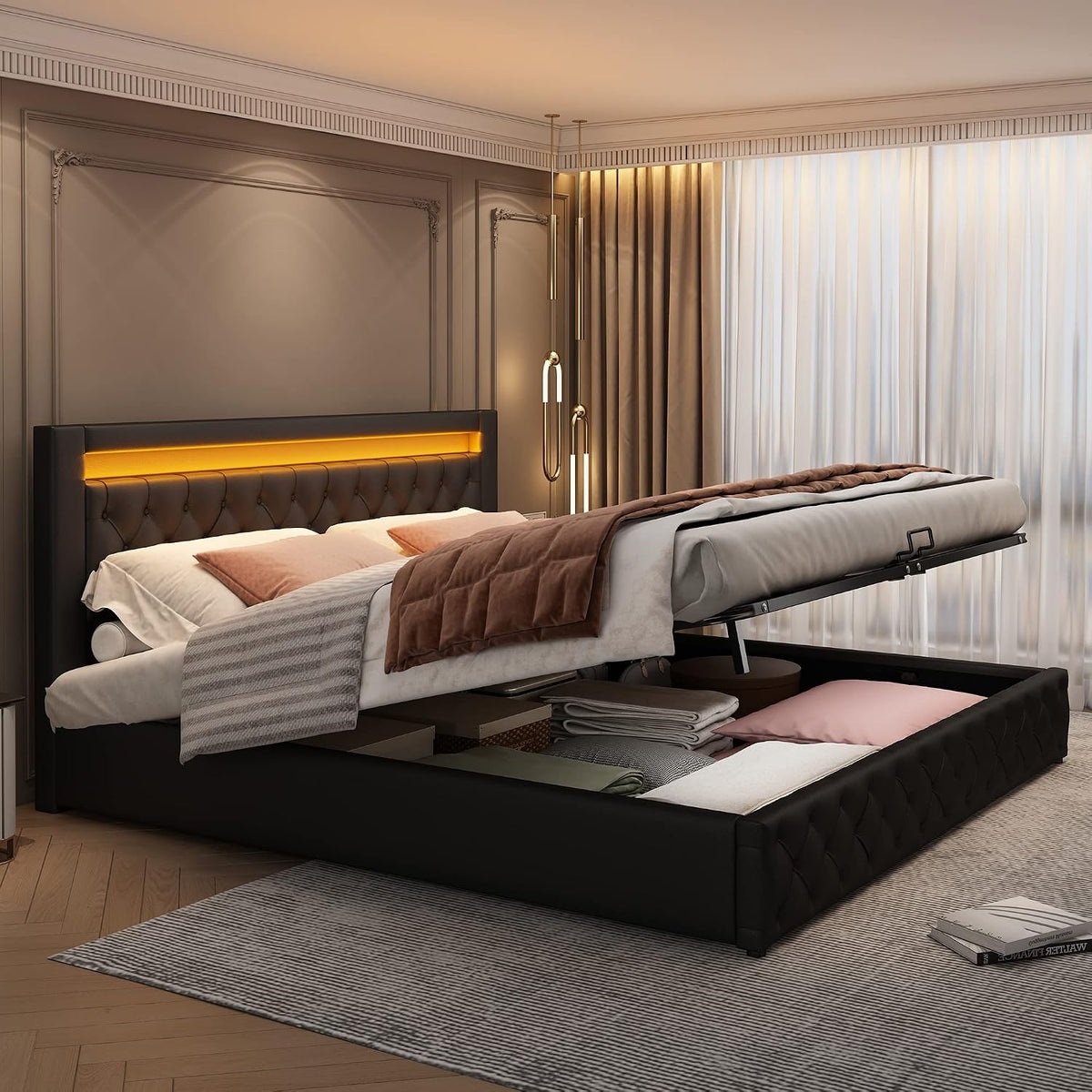 Letto Rtopsu, con contenitore, con rete a doghe, imbottito, 160 × 200 cm, matrimoniale, Nero, legno, materasso non incluso, per camera da letto