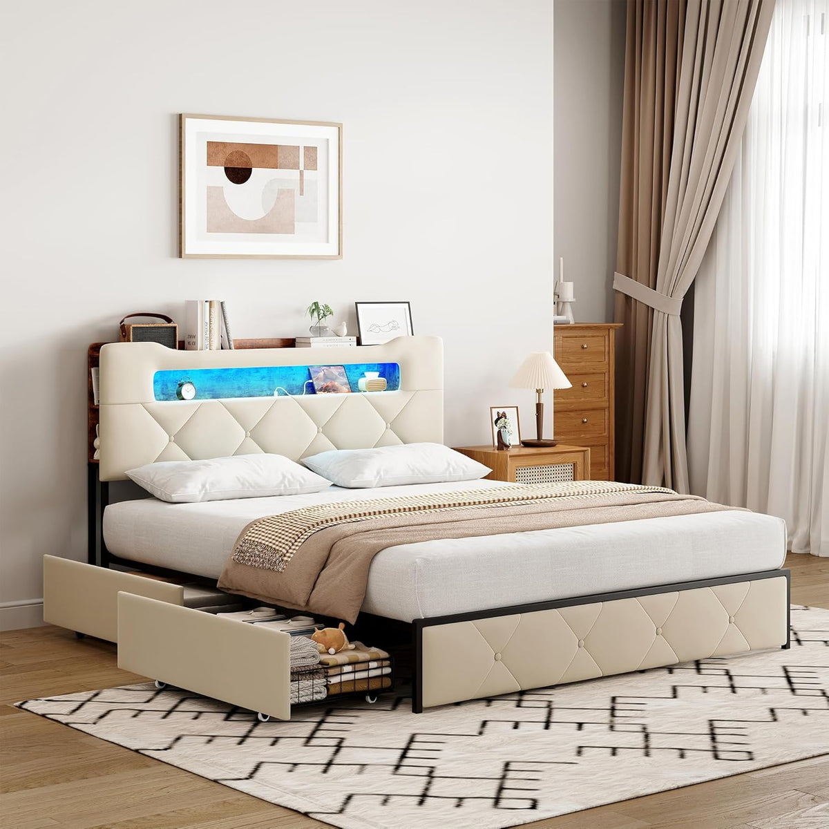 KeepGoon Letto, 4 cassetti, matrimoniale, 140 × 200 cm, Beige, tessuto, con contenitore, con rete a doghe, con illuminazione LED, con porta USB