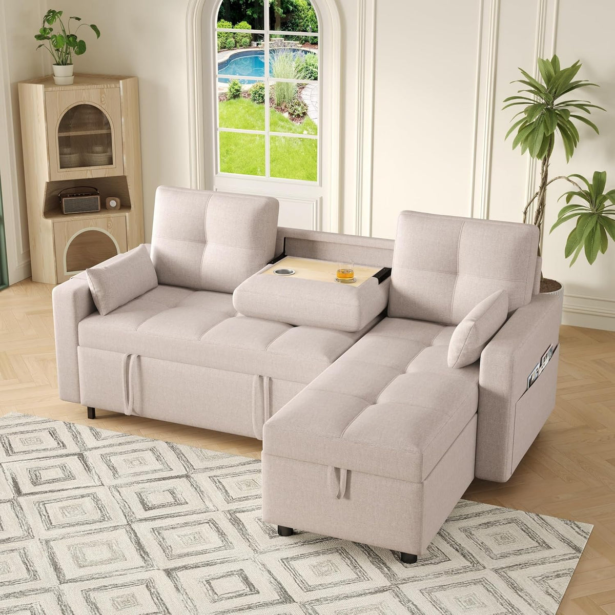 Divano letto Zepneiy, 3 posti, 211 × 136 × 87 cm, legno, con cuscini, trasformabile, con contenitore, pieghevole, con braccioli, per soggiorno