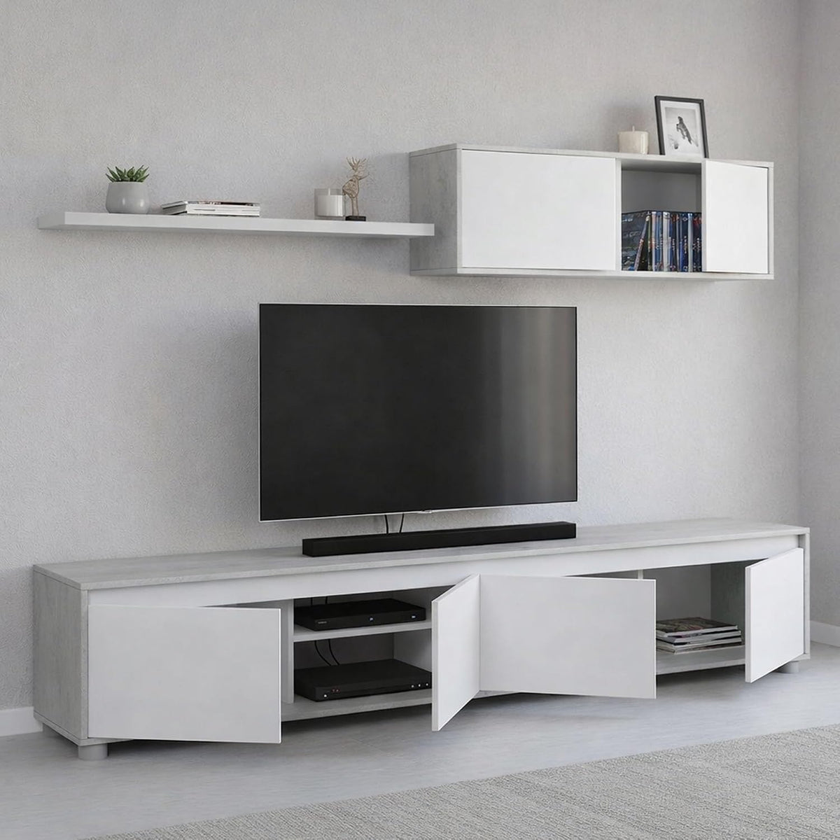 Parete attrezzata Dmora, 200 × 41 × 43 cm, Bianco, per soggiorno