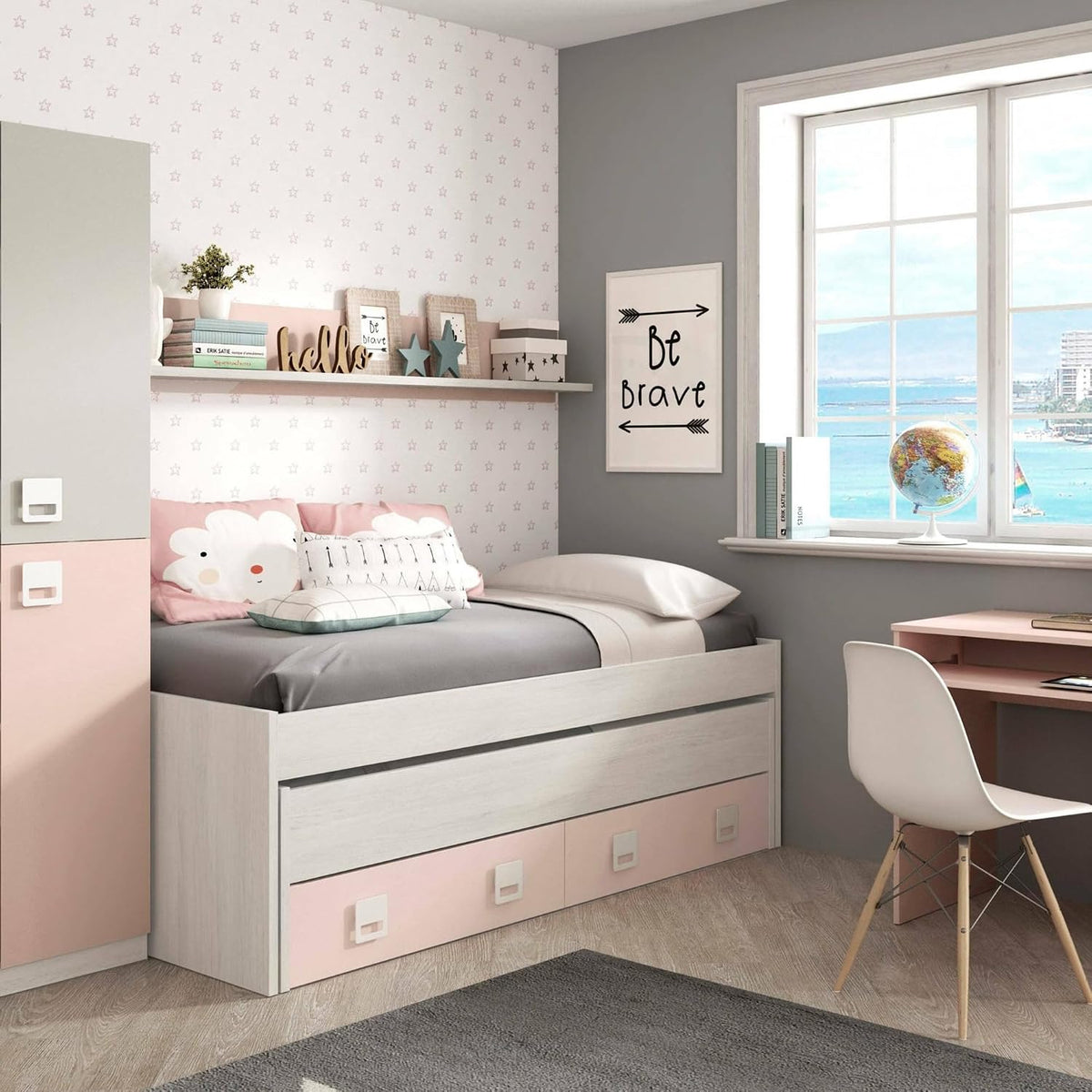 Struttura letto Dmora, singolo, Bianco/Rosa, per camera da letto
