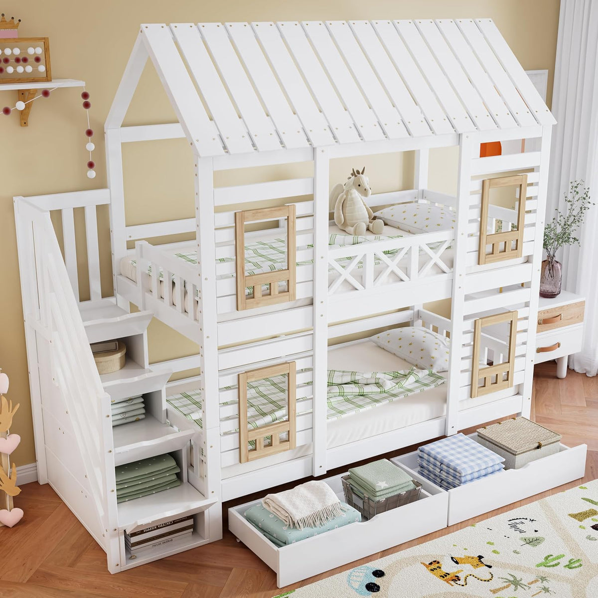 Letto a castello Kayan, 90 × 200 cm, Bianco/Naturale, 4 ripiani, con ruote, MDF, per camera da letto