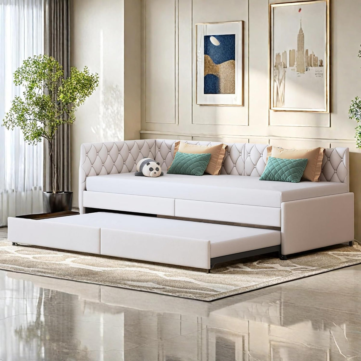 KeepGoon Divano letto, singolo, 90 × 200 cm, Beige, velluto, tessuto, allungabile, con rete a doghe, imbottito, materasso non incluso, per soggiorno