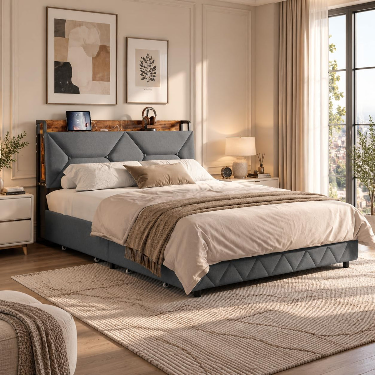 OLIVIBED Letto, 4 cassetti, matrimoniale, 160 × 200 cm, Grigio, con rete a doghe, materasso non incluso, per camera da letto