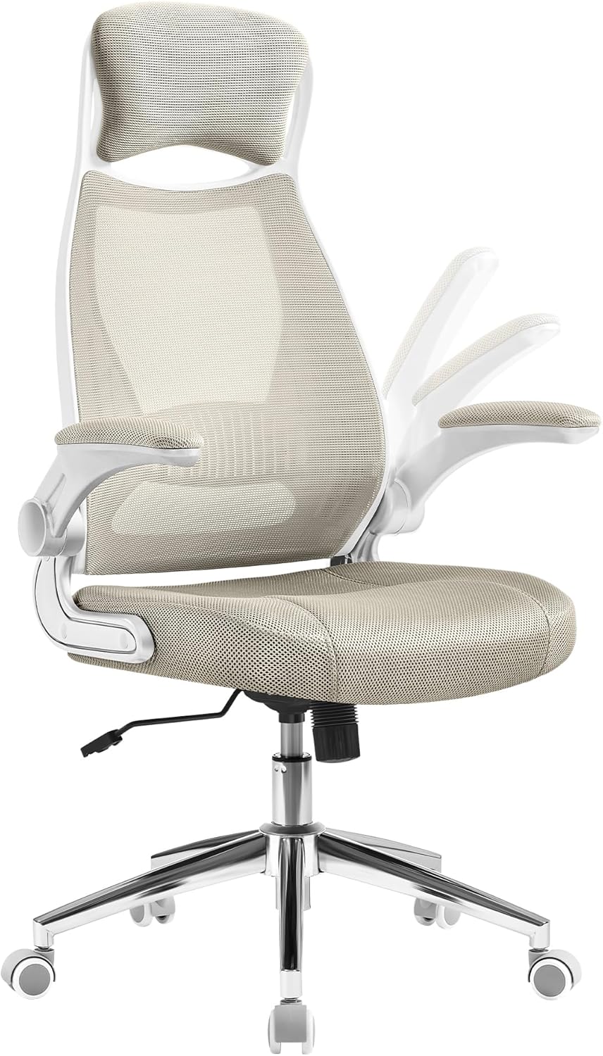 SONGMICS Sedia da ufficio, OBN086K01, Beige/Cappuccino, con poggiatesta, con braccioli, per ufficio