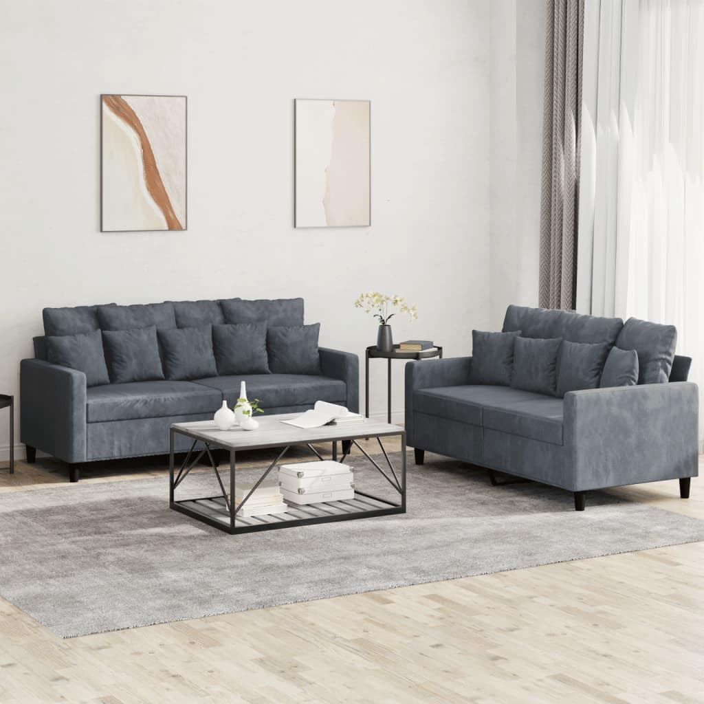 Rantry Set di divani, 2 pezzi, Grigio scuro, velluto, con cuscini, per giardino e terrazzo