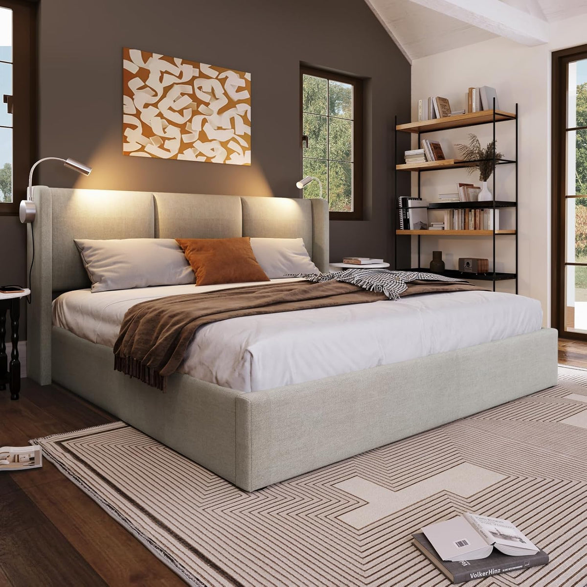 Letto FEEOHOME, con contenitore, con rete a doghe, imbottito, 160 × 200 cm, matrimoniale, Beige, lino, per camera da letto