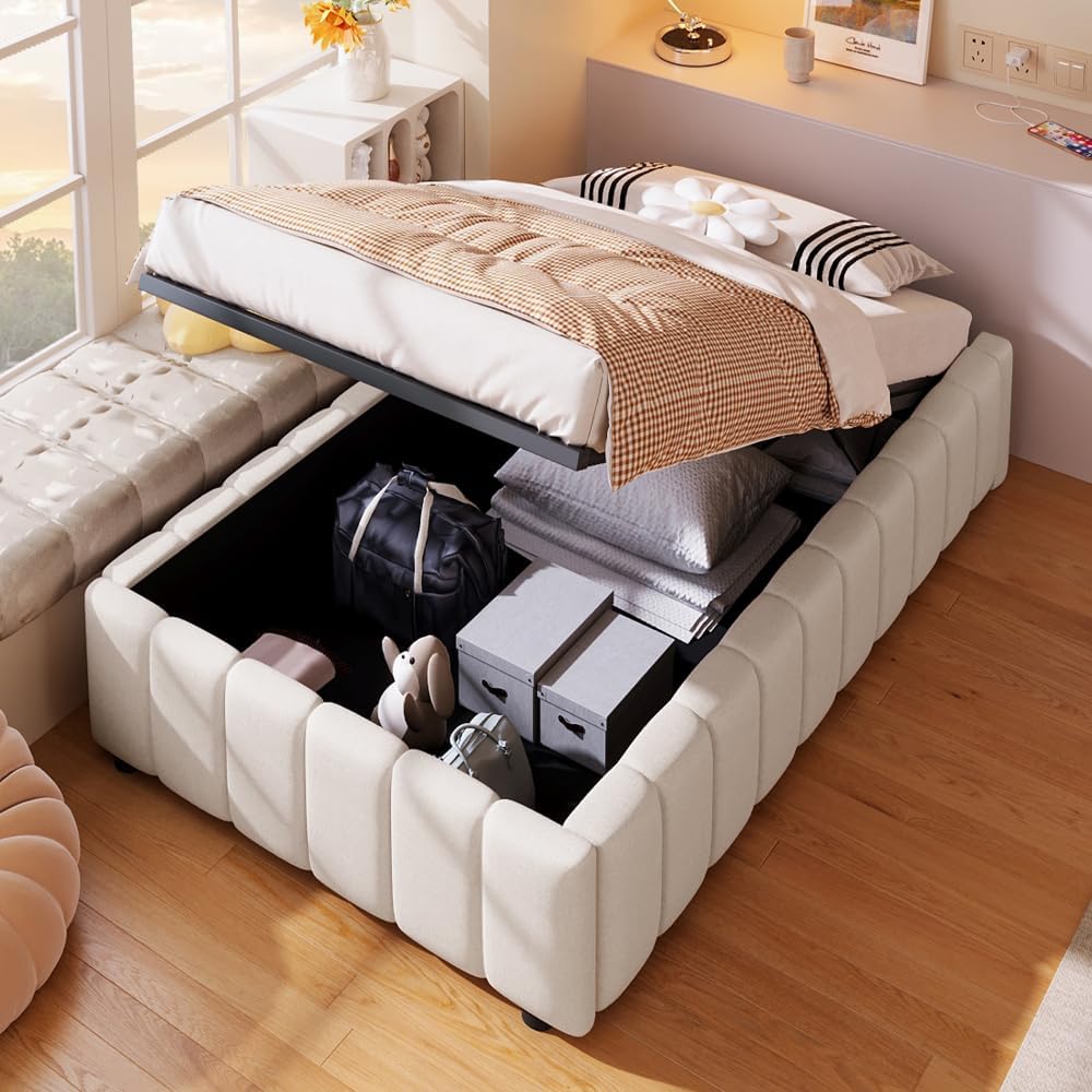 Lubvtti Letto, singolo, 90 × 200 cm, Beige, lino, tessuto, con contenitore, imbottito, materasso non incluso, per camera da letto