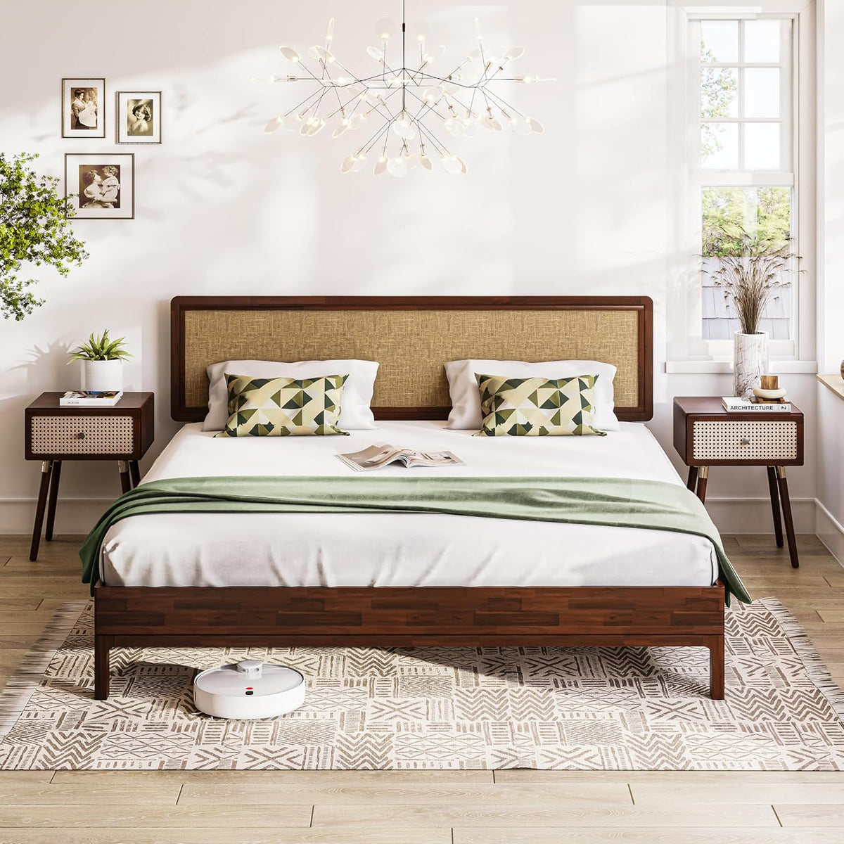 Bme Nipe Struttura letto in legno massello alta 35,6 cm, testiera regolabile, doghe in acacia, stile rustico bohémien