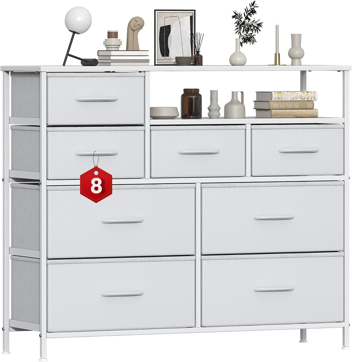 Cassettiera Feonase, 47 × 28 × 19 cm, 30 × 28 × 13 cm, 8 cassetti, 2 ripiani, Bianco, tessuto, per camera da letto