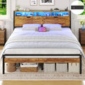Struttura letto Brinlawb, con illuminazione LED, con porta USB, 180 × 200 cm, matrimoniale, Marrone, legno, con testiera, per camera da letto